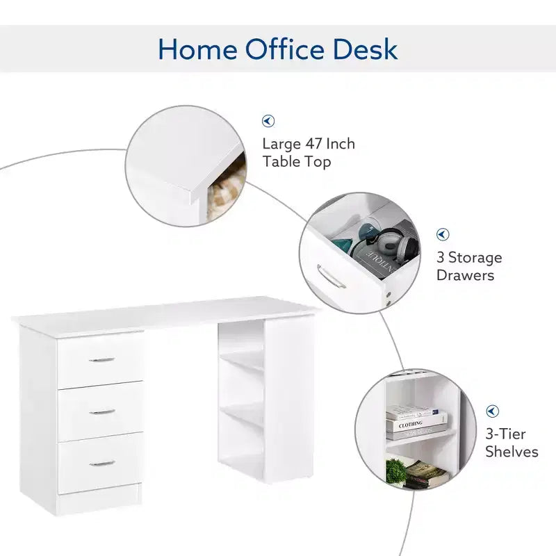 47 Modern Home Office Computer Desk Bookcase Combo Writing Table Workstation with 3 Drawer and Storage Shelf