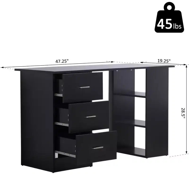 47 Modern Home Office Computer Desk Bookcase Combo Writing Table Workstation with 3 Drawer and Storage Shelf