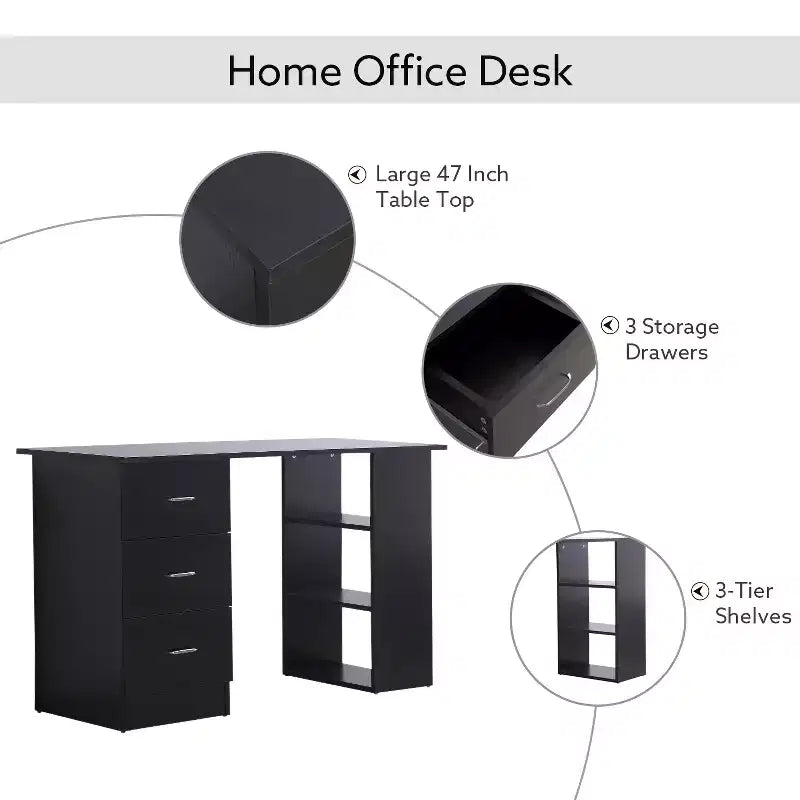 47 Modern Home Office Computer Desk Bookcase Combo Writing Table Workstation with 3 Drawer and Storage Shelf