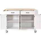 PexFix Isola Cucina con Piano in Legno Massello da 137 cm e Ruote Bloccabili, Mobile a 4 Ante e Due Cassetti, Portaspezie e Portasciugamani, Bianco