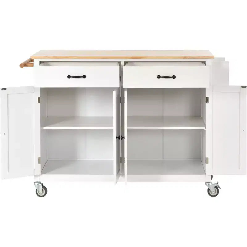 PexFix Isola Cucina con Piano in Legno Massello da 137 cm e Ruote Bloccabili, Mobile a 4 Ante e Due Cassetti, Portaspezie e Portasciugamani, Bianco