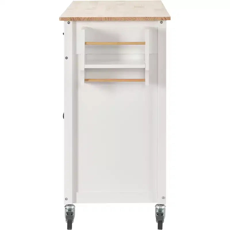 PexFix Isola Cucina con Piano in Legno Massello da 137 cm e Ruote Bloccabili, Mobile a 4 Ante e Due Cassetti, Portaspezie e Portasciugamani, Bianco