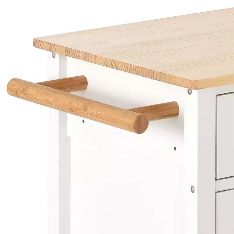 PexFix Isola Cucina con Piano in Legno Massello da 137 cm e Ruote Bloccabili, Mobile a 4 Ante e Due Cassetti, Portaspezie e Portasciugamani, Bianco