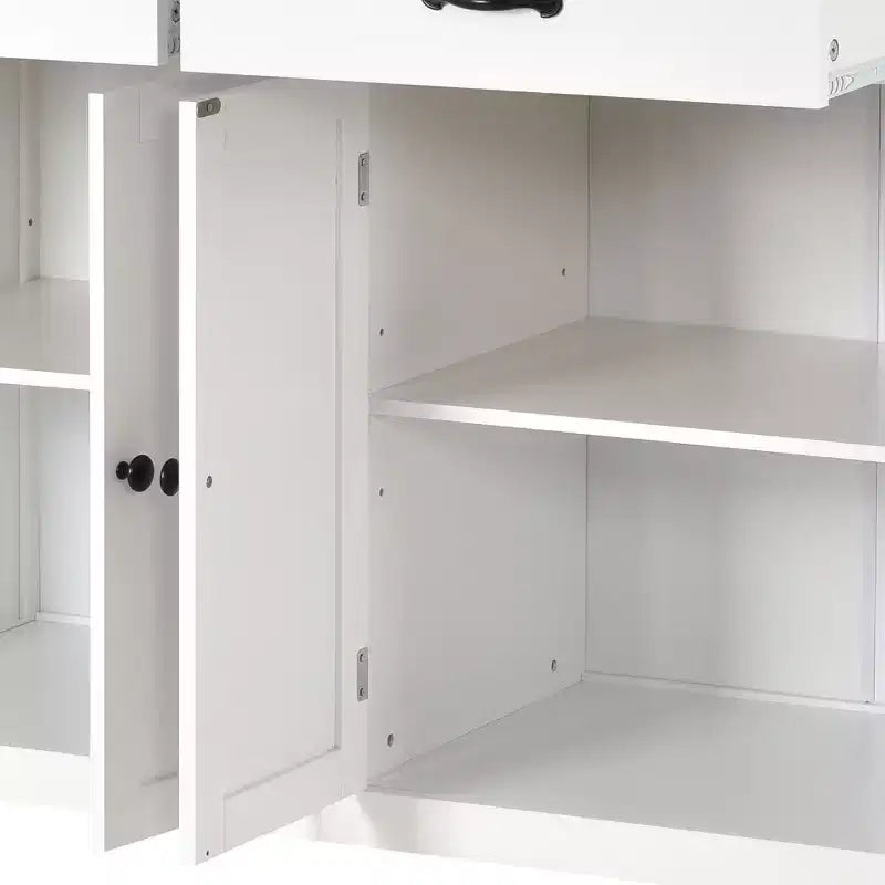 PexFix Isola Cucina con Piano in Legno Massello da 137 cm e Ruote Bloccabili, Mobile a 4 Ante e Due Cassetti, Portaspezie e Portasciugamani, Bianco