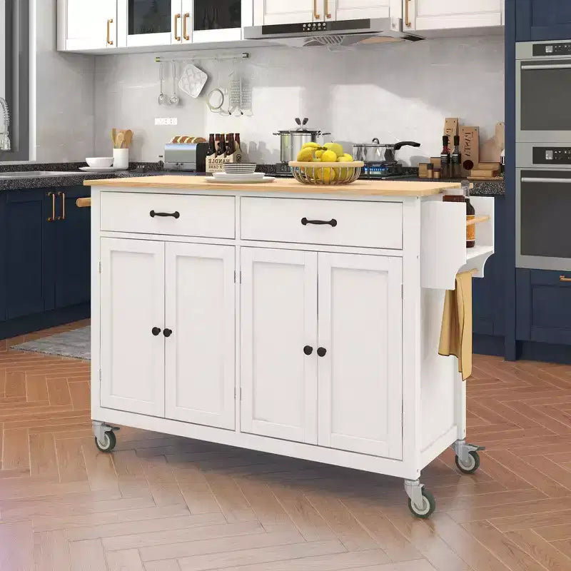 PexFix Isola Cucina con Piano in Legno Massello da 137 cm e Ruote Bloccabili, Mobile a 4 Ante e Due Cassetti, Portaspezie e Portasciugamani, Bianco