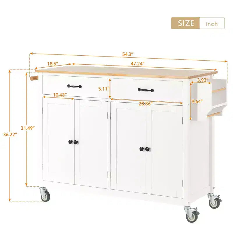 PexFix Isola Cucina con Piano in Legno Massello da 137 cm e Ruote Bloccabili, Mobile a 4 Ante e Due Cassetti, Portaspezie e Portasciugamani, Bianco