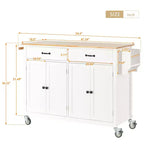 PexFix Isola Cucina con Piano in Legno Massello da 137 cm e Ruote Bloccabili, Mobile a 4 Ante e Due Cassetti, Portaspezie e Portasciugamani, Bianco