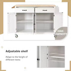 PexFix Isola Cucina con Piano in Legno Massello da 137 cm e Ruote Bloccabili, Mobile a 4 Ante e Due Cassetti, Portaspezie e Portasciugamani, Bianco