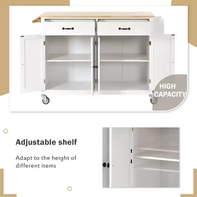 PexFix Isola Cucina con Piano in Legno Massello da 137 cm e Ruote Bloccabili, Mobile a 4 Ante e Due Cassetti, Portaspezie e Portasciugamani, Bianco