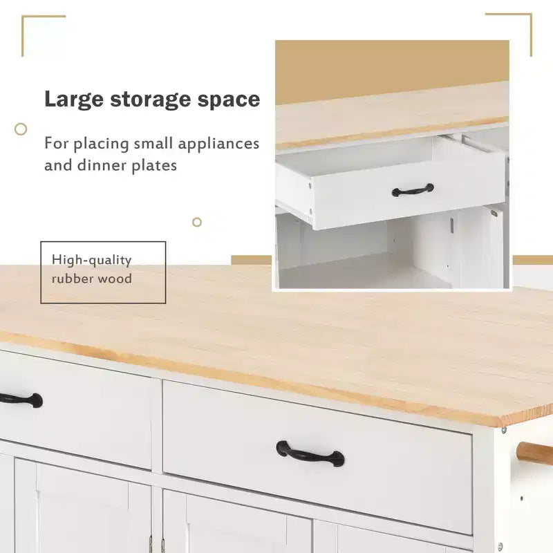 PexFix Isola Cucina con Piano in Legno Massello da 137 cm e Ruote Bloccabili, Mobile a 4 Ante e Due Cassetti, Portaspezie e Portasciugamani, Bianco