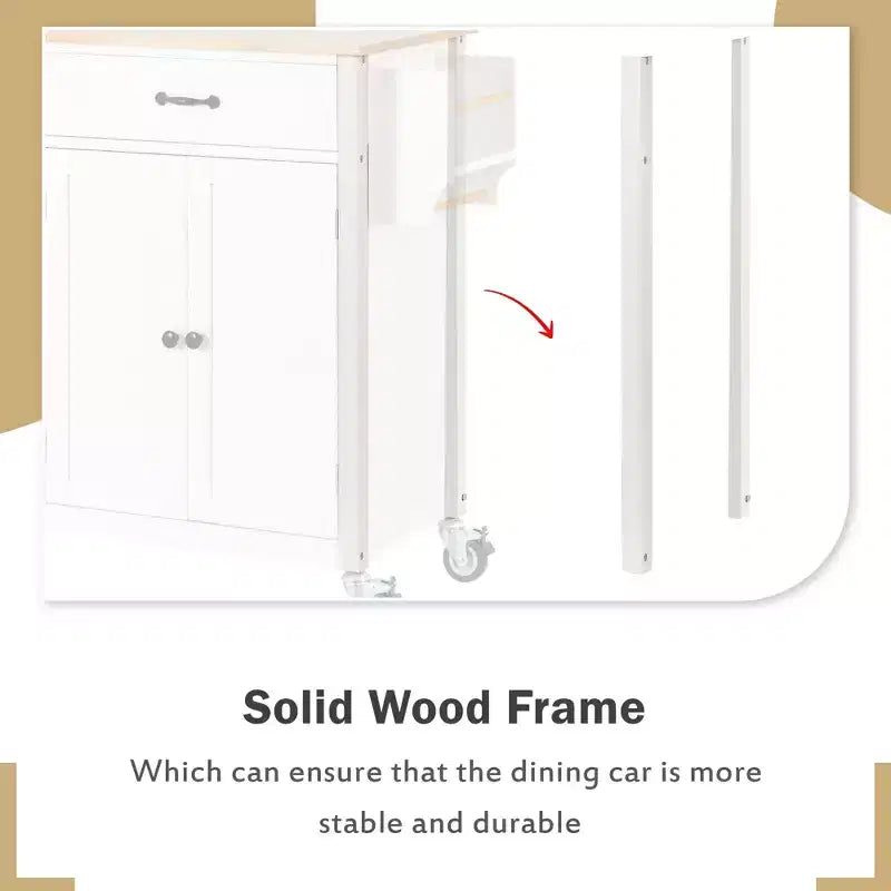 PexFix Isola Cucina con Piano in Legno Massello da 137 cm e Ruote Bloccabili, Mobile a 4 Ante e Due Cassetti, Portaspezie e Portasciugamani, Bianco
