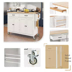 PexFix Isola Cucina con Piano in Legno Massello da 137 cm e Ruote Bloccabili, Mobile a 4 Ante e Due Cassetti, Portaspezie e Portasciugamani, Bianco