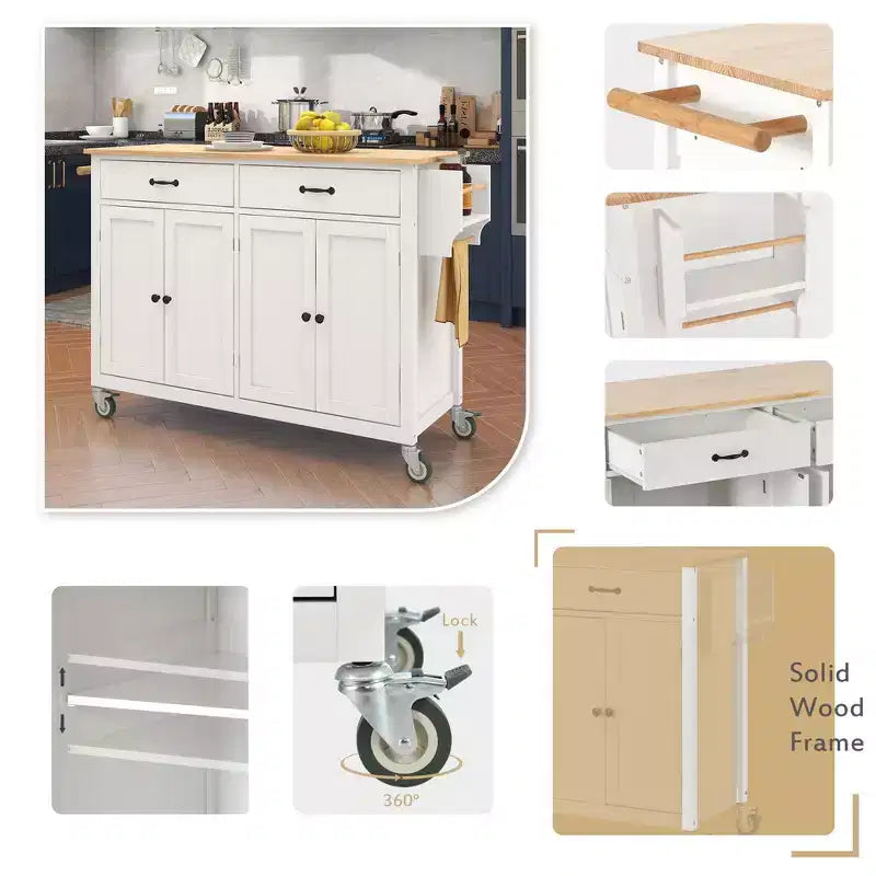 PexFix Isola Cucina con Piano in Legno Massello da 137 cm e Ruote Bloccabili, Mobile a 4 Ante e Due Cassetti, Portaspezie e Portasciugamani, Bianco