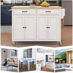 PexFix Isola Cucina con Piano in Legno Massello da 137 cm e Ruote Bloccabili, Mobile a 4 Ante e Due Cassetti, Portaspezie e Portasciugamani, Bianco