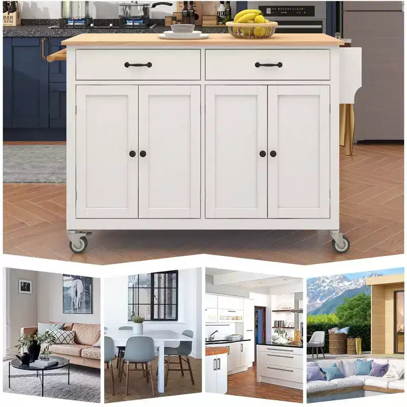 PexFix Isola Cucina con Piano in Legno Massello da 137 cm e Ruote Bloccabili, Mobile a 4 Ante e Due Cassetti, Portaspezie e Portasciugamani, Bianco