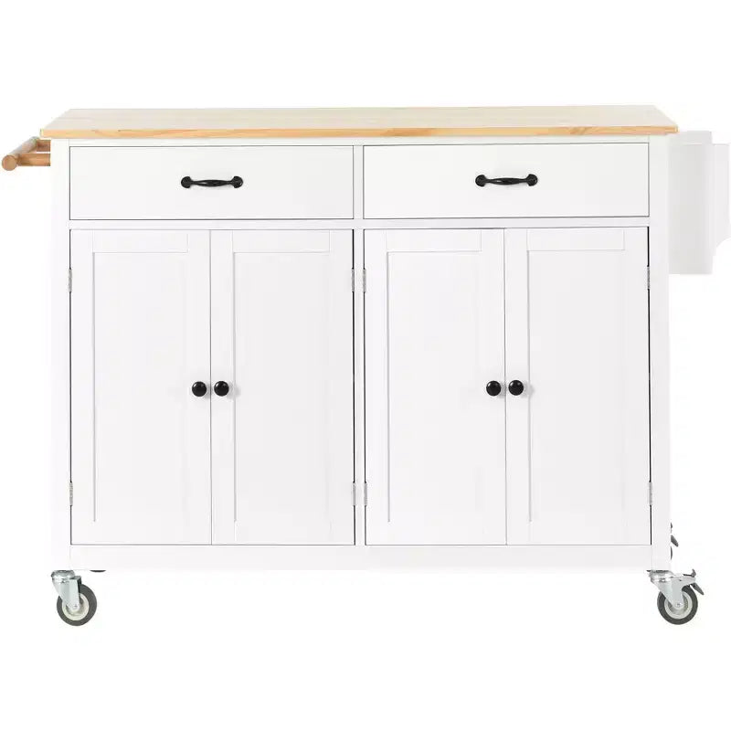 PexFix Isola Cucina con Piano in Legno Massello da 137 cm e Ruote Bloccabili, Mobile a 4 Ante e Due Cassetti, Portaspezie e Portasciugamani, Bianco