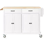 PexFix Isola Cucina con Piano in Legno Massello da 137 cm e Ruote Bloccabili, Mobile a 4 Ante e Due Cassetti, Portaspezie e Portasciugamani, Bianco