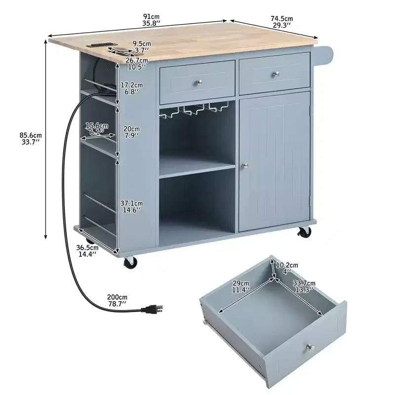 PexFix Kitchen Island with Power Outlet Kitchen Storage Island with Drop Leaf & Wine Rack & Adjustable Storage for Home Kitchen Dining Room Blue