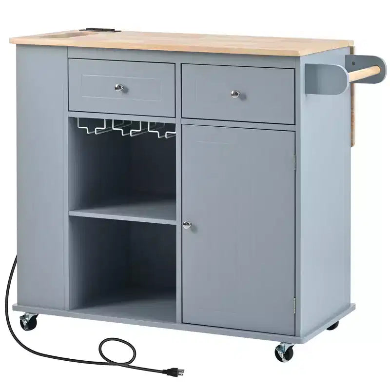 PexFix Kitchen Island with Power Outlet Kitchen Storage Island with Drop Leaf & Wine Rack & Adjustable Storage for Home Kitchen Dining Room Blue