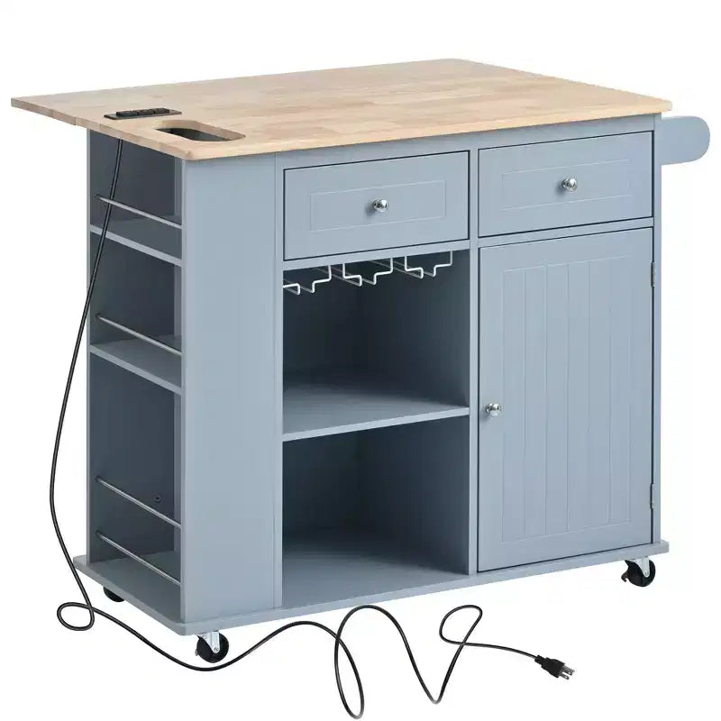 PexFix Kitchen Island with Power Outlet Kitchen Storage Island with Drop Leaf & Wine Rack & Adjustable Storage for Home Kitchen Dining Room Blue