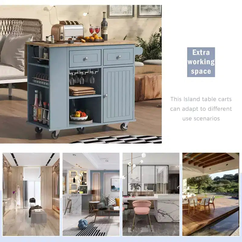 PexFix Kitchen Island with Power Outlet Kitchen Storage Island with Drop Leaf & Wine Rack & Adjustable Storage for Home Kitchen Dining Room Blue