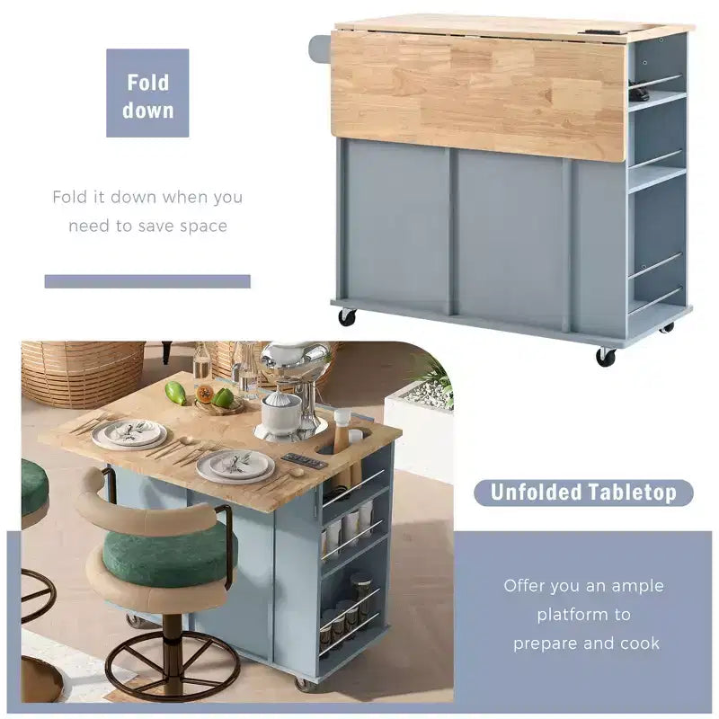 PexFix Kitchen Island with Power Outlet Kitchen Storage Island with Drop Leaf & Wine Rack & Adjustable Storage for Home Kitchen Dining Room Blue