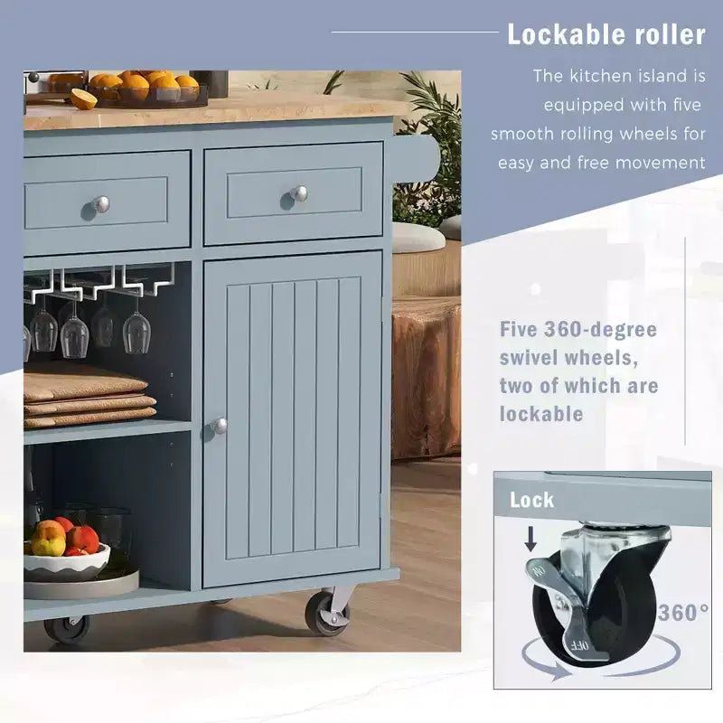 PexFix Kitchen Island with Power Outlet Kitchen Storage Island with Drop Leaf & Wine Rack & Adjustable Storage for Home Kitchen Dining Room Blue