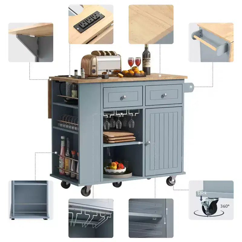 PexFix Kitchen Island with Power Outlet Kitchen Storage Island with Drop Leaf & Wine Rack & Adjustable Storage for Home Kitchen Dining Room Blue