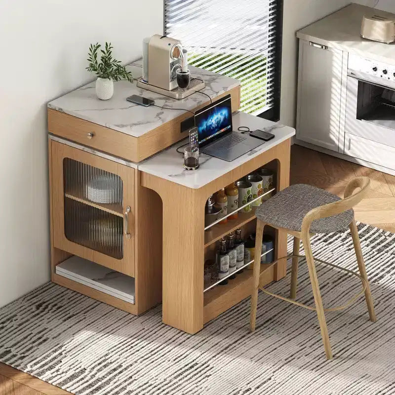 PexFix 59.5 Isola da Cucina con Tavolo da Pranzo Estensibile Tavolo Contenitore da Cucina con Ripiani a Doppio Lato con Presa di Corrente e Scaffali Laterali Aperti Naturale
