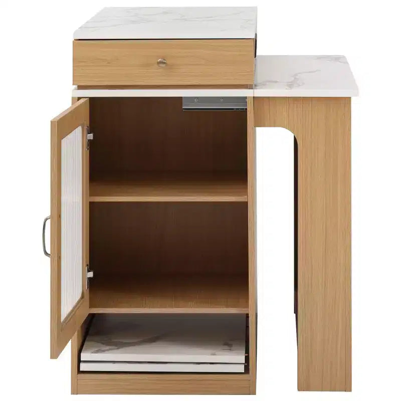 PexFix 59.5 Isola da Cucina con Tavolo da Pranzo Estensibile Tavolo Contenitore da Cucina con Ripiani a Doppio Lato con Presa di Corrente e Scaffali Laterali Aperti Naturale