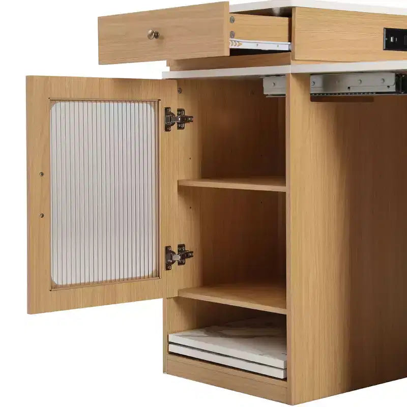 PexFix 59.5 Isola da Cucina con Tavolo da Pranzo Estensibile Tavolo Contenitore da Cucina con Ripiani a Doppio Lato con Presa di Corrente e Scaffali Laterali Aperti Naturale