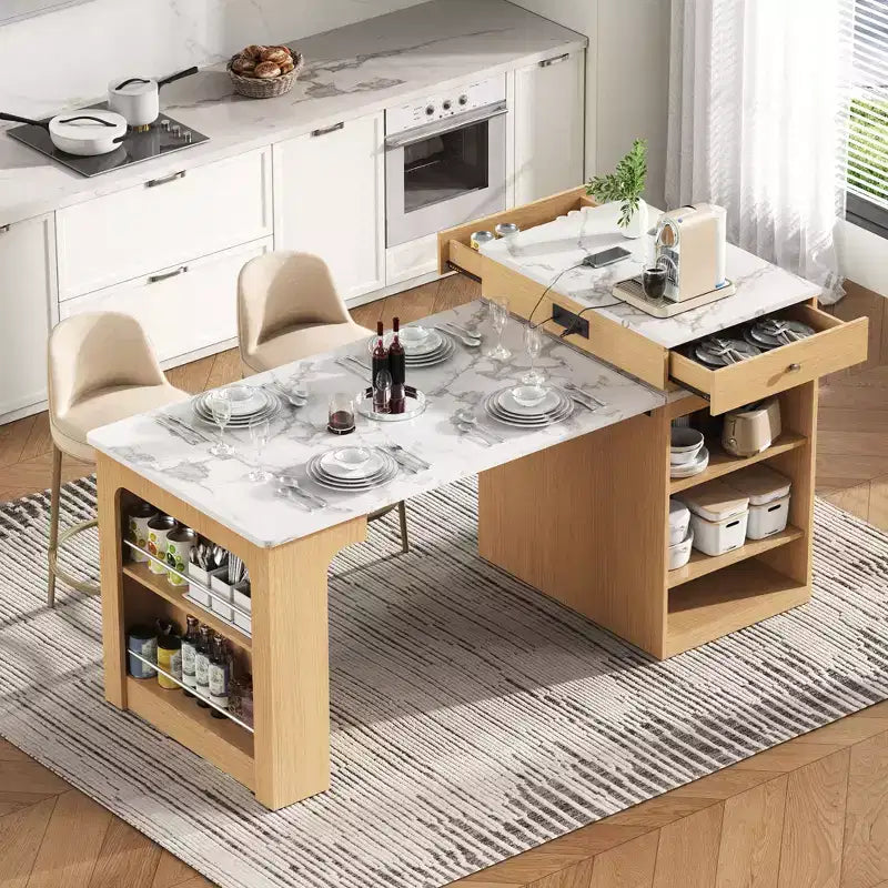 PexFix 59.5 Isola da Cucina con Tavolo da Pranzo Estensibile Tavolo Contenitore da Cucina con Ripiani a Doppio Lato con Presa di Corrente e Scaffali Laterali Aperti Naturale
