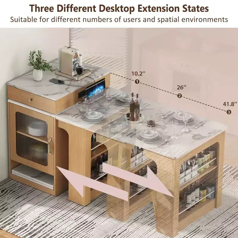 PexFix 59.5 Isola da Cucina con Tavolo da Pranzo Estensibile Tavolo Contenitore da Cucina con Ripiani a Doppio Lato con Presa di Corrente e Scaffali Laterali Aperti Naturale