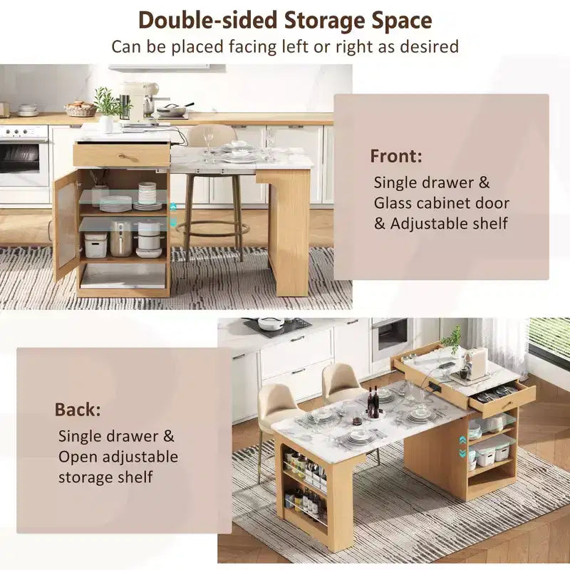 PexFix 59.5 Isola da Cucina con Tavolo da Pranzo Estensibile Tavolo Contenitore da Cucina con Ripiani a Doppio Lato con Presa di Corrente e Scaffali Laterali Aperti Naturale