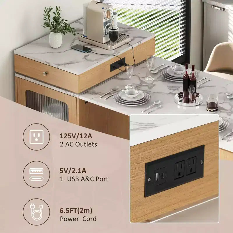 PexFix 59.5 Isola da Cucina con Tavolo da Pranzo Estensibile Tavolo Contenitore da Cucina con Ripiani a Doppio Lato con Presa di Corrente e Scaffali Laterali Aperti Naturale