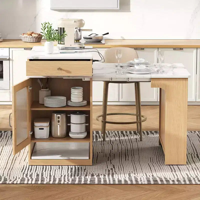 PexFix 59.5 Isola da Cucina con Tavolo da Pranzo Estensibile Tavolo Contenitore da Cucina con Ripiani a Doppio Lato con Presa di Corrente e Scaffali Laterali Aperti Naturale