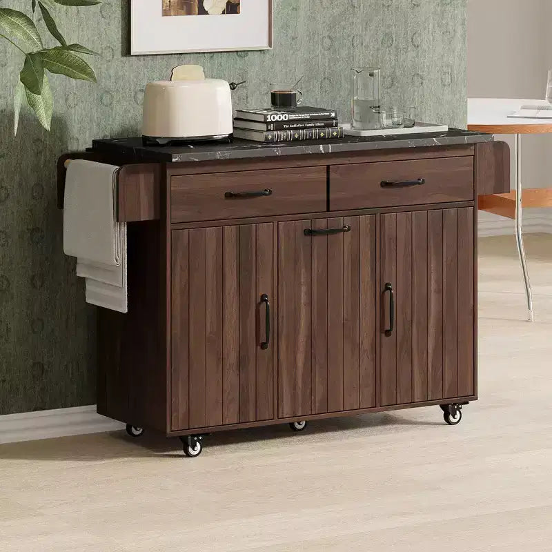 Pexfix Kitchen Island with Trash Can Storage Cabinet Kitchen Cart with Drop Leaf & Spice Rack & Towel Rack and Drawer with Adjustable Shelf Walnut