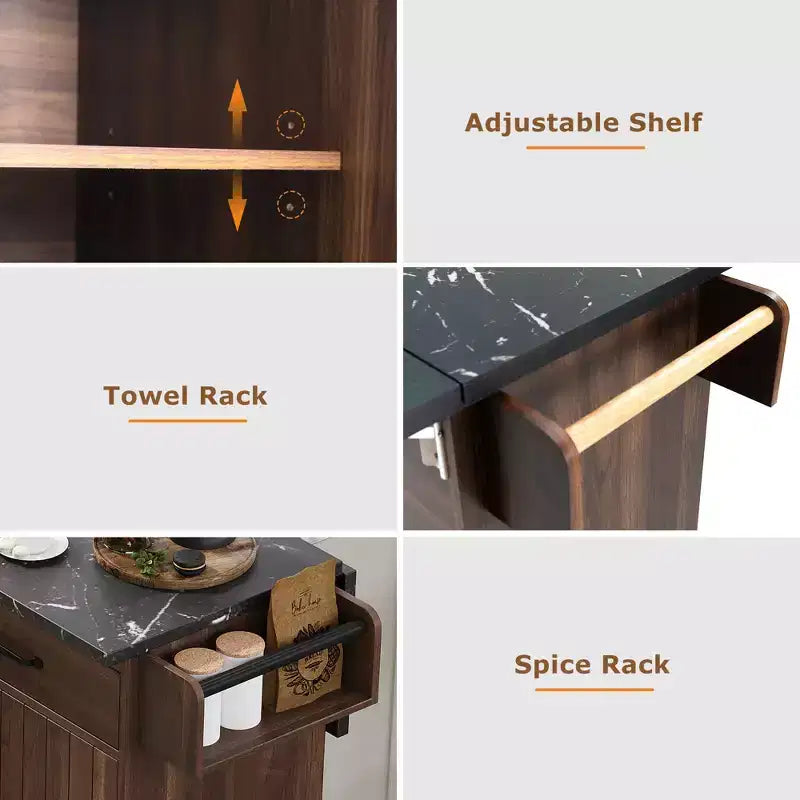 Pexfix Kitchen Island with Trash Can Storage Cabinet Kitchen Cart with Drop Leaf & Spice Rack & Towel Rack and Drawer with Adjustable Shelf Walnut