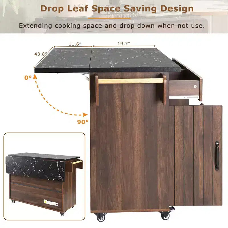 Pexfix Kitchen Island with Trash Can Storage Cabinet Kitchen Cart with Drop Leaf & Spice Rack & Towel Rack and Drawer with Adjustable Shelf Walnut