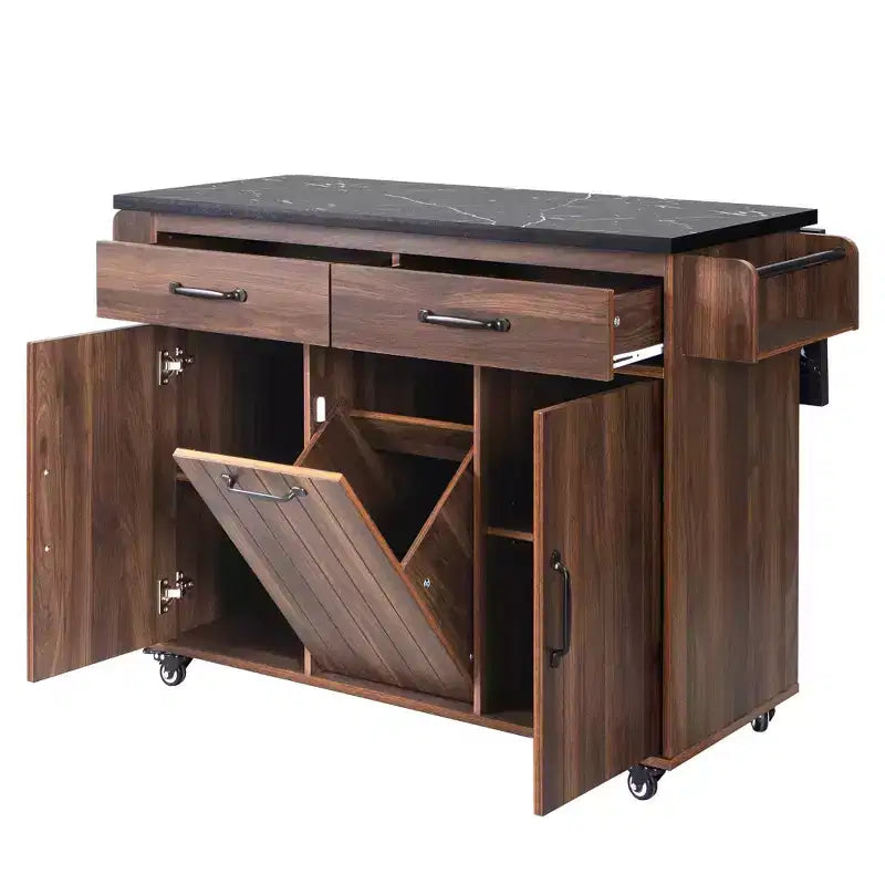 Pexfix Kitchen Island with Trash Can Storage Cabinet Kitchen Cart with Drop Leaf & Spice Rack & Towel Rack and Drawer with Adjustable Shelf Walnut