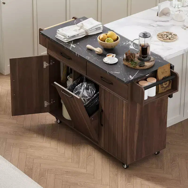 Pexfix Kitchen Island with Trash Can Storage Cabinet Kitchen Cart with Drop Leaf & Spice Rack & Towel Rack and Drawer with Adjustable Shelf Walnut