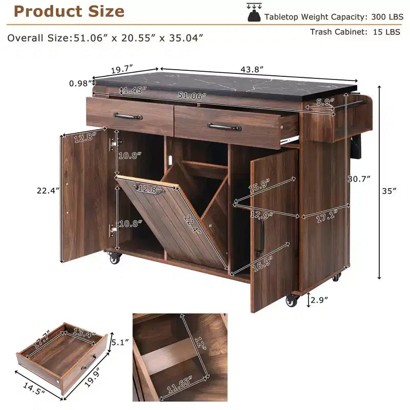 Pexfix Kitchen Island with Trash Can Storage Cabinet Kitchen Cart with Drop Leaf & Spice Rack & Towel Rack and Drawer with Adjustable Shelf Walnut