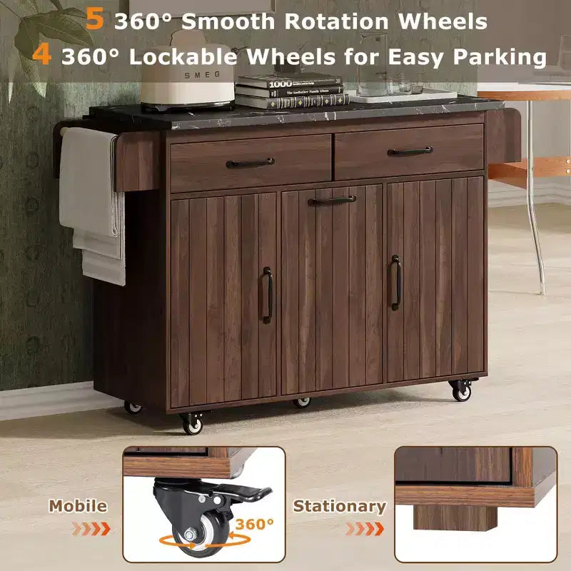 Pexfix Kitchen Island with Trash Can Storage Cabinet Kitchen Cart with Drop Leaf & Spice Rack & Towel Rack and Drawer with Adjustable Shelf Walnut