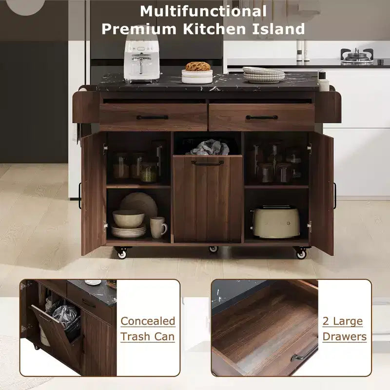 Pexfix Kitchen Island with Trash Can Storage Cabinet Kitchen Cart with Drop Leaf & Spice Rack & Towel Rack and Drawer with Adjustable Shelf Walnut