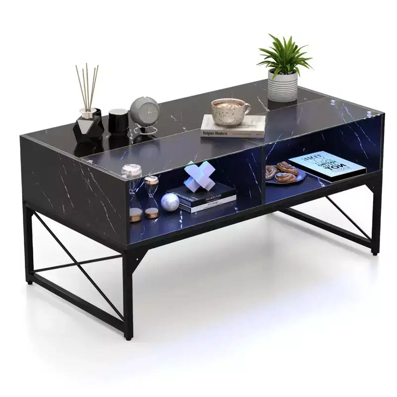 Costway LED Coffee Table with 4 Storage Cubes Faux Marble & Tempered Glass Top for Living Room Black