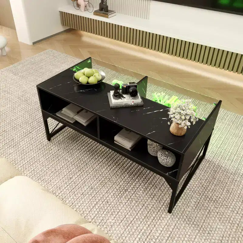 Costway LED Coffee Table with 4 Storage Cubes Faux Marble & Tempered Glass Top for Living Room Black