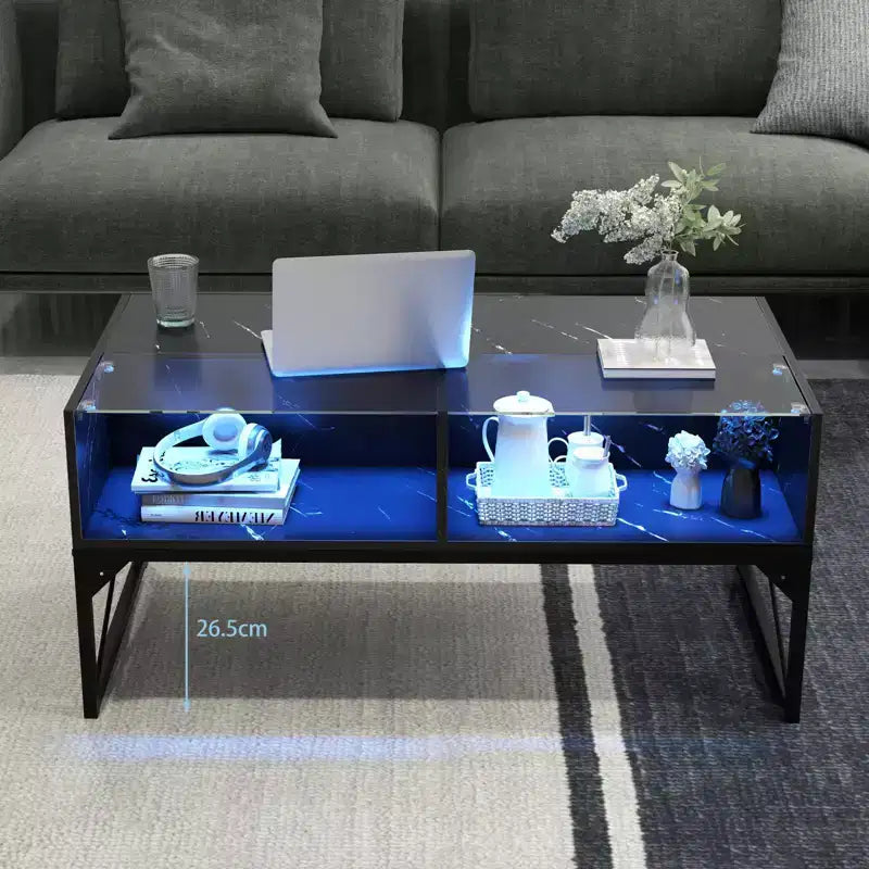 Costway LED Coffee Table with 4 Storage Cubes Faux Marble & Tempered Glass Top for Living Room Black