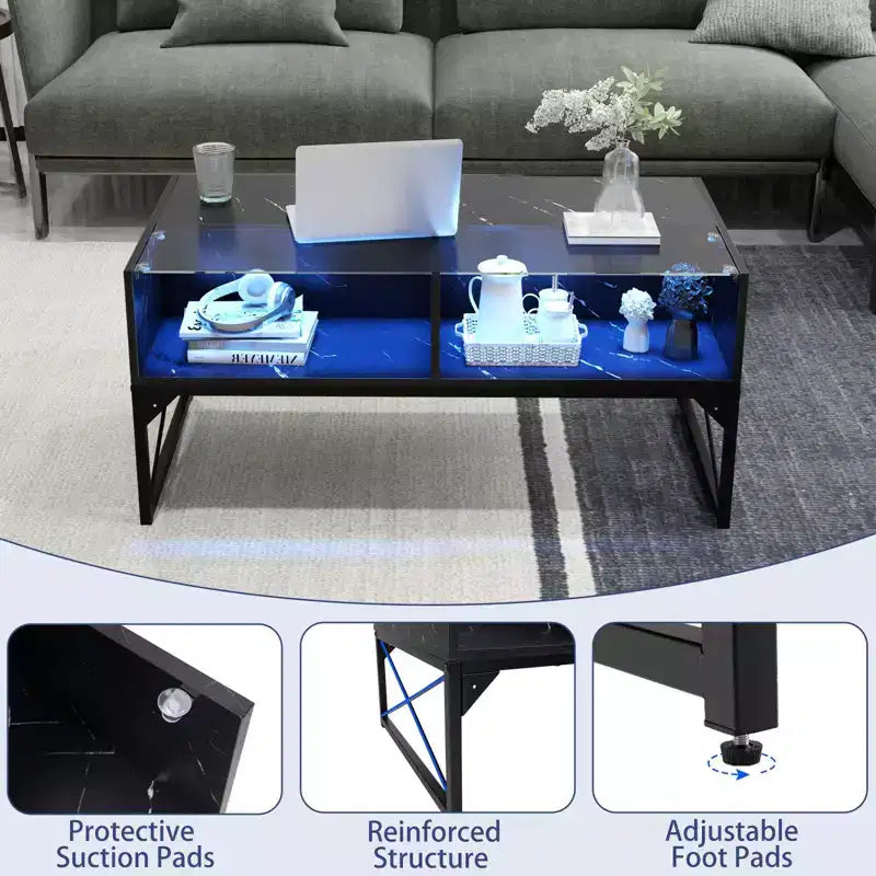 Costway LED Coffee Table with 4 Storage Cubes Faux Marble & Tempered Glass Top for Living Room Black