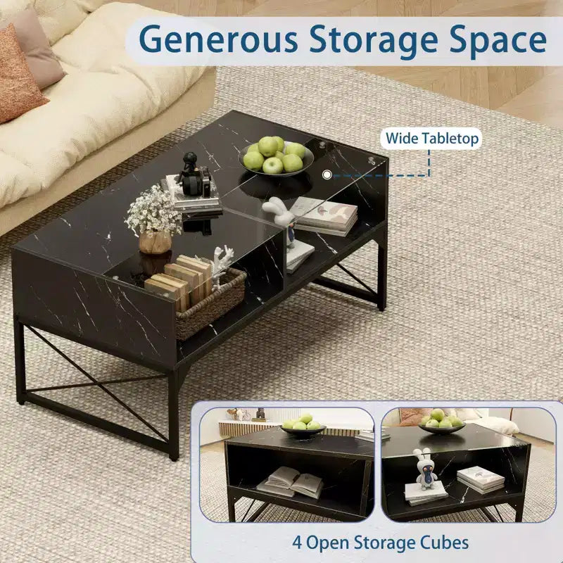 Costway LED Coffee Table with 4 Storage Cubes Faux Marble & Tempered Glass Top for Living Room Black