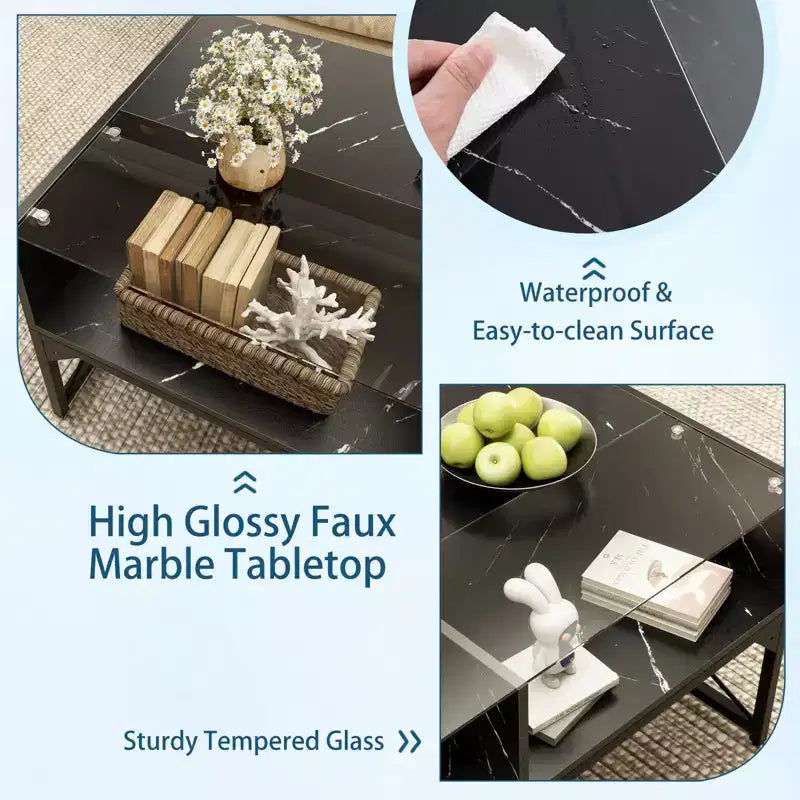 Costway LED Coffee Table with 4 Storage Cubes Faux Marble & Tempered Glass Top for Living Room Black